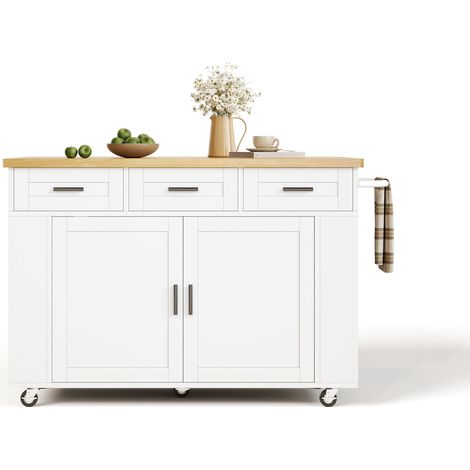 Desserte de Cuisine 3 Tiroirs, Plan Rabattable, 2 Organisateurs, Prises, MDF, 120 x 45(70) x 84 cm, Naturel Blanc (1/5)