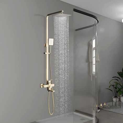 Zamery – Colonne de douche dorée brossée en laiton massif – Hauteur réglable 750-1100mm – Douchette à main et tête orientable – Installation facile