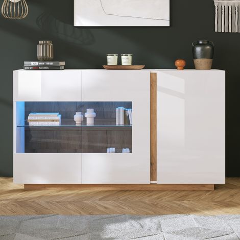 Mobile TV bianco a 3 ante con vetrine in vetro e illuminazione LED RGB, 138 x 38 x 90,5 cm DESVIAE (1/5)