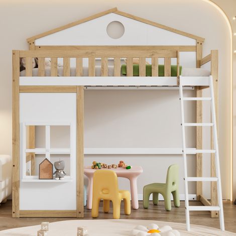 Lit mezzanine 90x200cm, lit cabane enfant avec échelles, grilles, toit et fenêtre, sommier à lattes, pin + MDF, blanc + naturel (1/5)