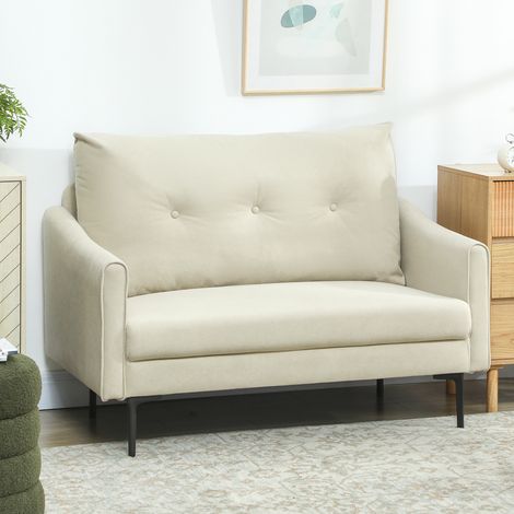 Sofá de terciopelo de 2 plazas con cojín de respaldo acolchado con botones extraíble, sofá de dos plazas moderno y compacto con patas metálicas para sala de estar, 124x73x92 cm, color crema.