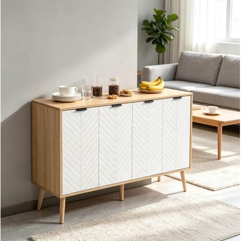 Credenza 120x35x77,4 cm in legno bianco con 4 ante e contenitore FloraGrace (1/5)