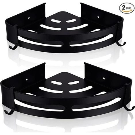 Set of 2 wall-mounted corner shower shelves, bathroom storage basket, triangular shampoo holder with 4 hooks, matte black (1/4)