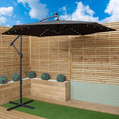 Samuel Alexander 3m Solar Powered Cantilever Lit Banana Garden Parasol with Crank Handle & White LED Lights in Black (1/5)