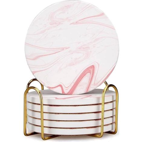 Lot de 6 Dessous de Verre Rond en Marbre Rose Absorbant avec Support pour Table Basse - 4 Po x 4 Po - Rose - Rond - Marbre et Liège - Nettoyage Facile (1/5)