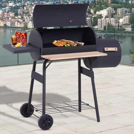 Holzkohlegrill-Smoker auf Ständer mit Deckel, Rädern, Thermometer, Ablagen, kaltgewalztem Stahl, schwarz (1/5)
