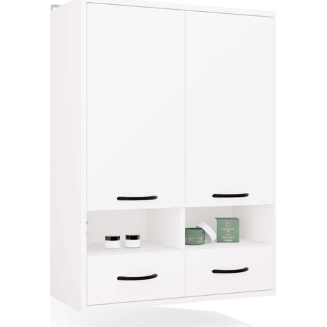 Armoire de salle de bain suspendue blanche Nina W2D2P2S, colonne, 8 étagères, 2 tiroirs (1/4)