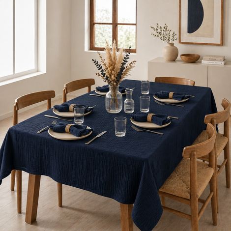 Nappe rectangle 150 x 250 cm + 6 serviettes de table – Double gaze de coton GAÏA Marine