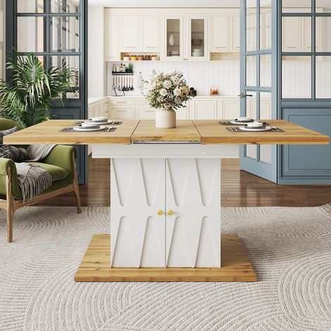 Table de salle à manger, télescopique, avec motif en relief, 110(140)x70x76,5 cm, avec placage en bois, blanc (1/5)