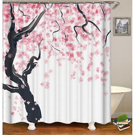 Rideau de douche à motif floral, 180 cm x 200 cm, rose et noir, cerisier (1/4)