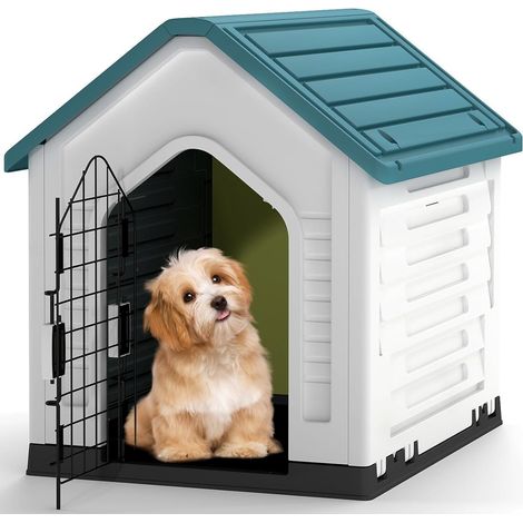 GOPLUS Niche pour Chien Exterieur 67×52×60 CM, Cabane Chien Exterieur en PP Imperméable avec Porte Grillagée Verrouillable, Toit Incliné et Plancher Surélevé, Aérations à Côtés, Abri Chiot (Blue) (1/5)