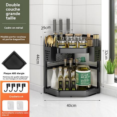 Étagère d'angle triangulaire multifonctionnelle pour plans de travail de cuisine, double couche, grande taille, comprenant un porte-couteaux et un tube de rangement pour ustensiles.