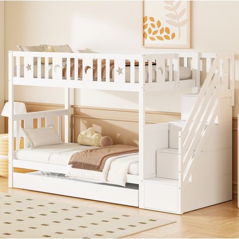 Lit superposé enfant 252x95x160 cm en bois blanc, rangement, petits espaces, sans matelas – MEUBLIV (1/5)