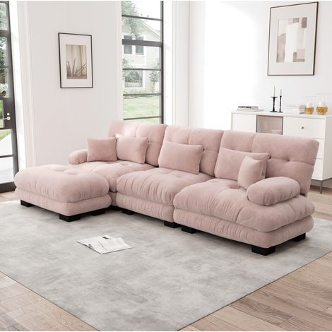 Sofá rinconero modular 313 x 145 x 81 cm en chenilla rosa HAVRYA (1/5)