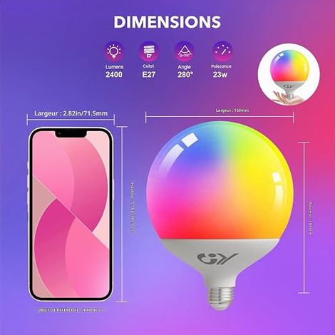 Ampoules Connectée E27 LED WiFi 23W G150 2400LM Intelligente Dimmable Multicouleurs RGB (1/4)