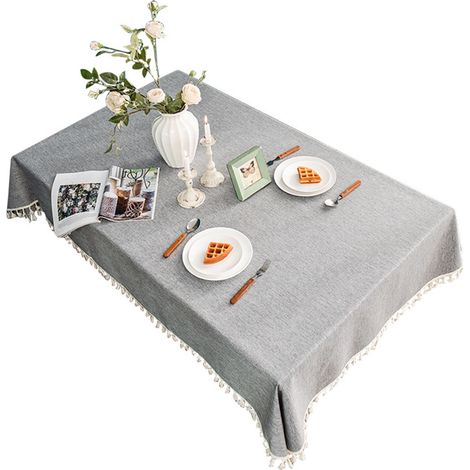 Nappe à glands imperméable et anti-huile en lin coton, nappe de table décorative rectangulaire grise (1/5)
