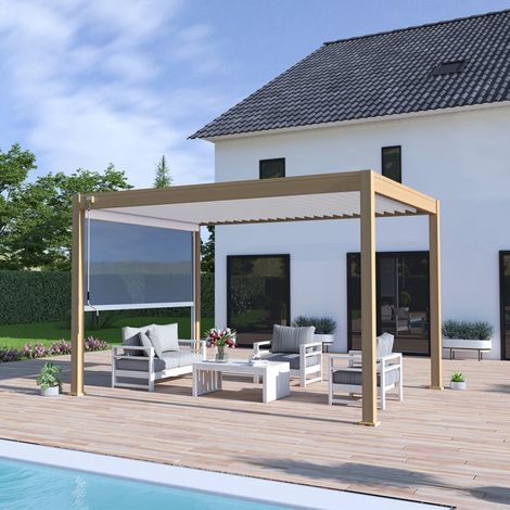 Pergola bioclimatica Ombréa® VS autoportante 3x4M - Woodlook legno naturale + 1 tenda 4M bianco