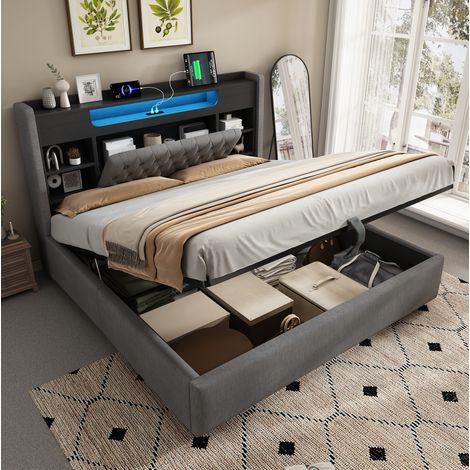 Lit coffre capitonné 160x200 cm avec LED, USB/USB-C, tête de lit rangement, gris (1/5)