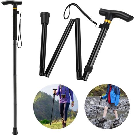 Vier-in-Eins-Falt-Trekkingstöcke aus Aluminiumlegierung, rutschfest, unisex, geeignet zum Wandern, schwarz.