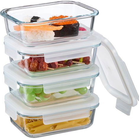Relaxdays – Boîtes alimentaires en verre 640 ml – Lot de 4 – Couvercles hermétiques en plastique – Empilables et compatibles lave-vaisselle