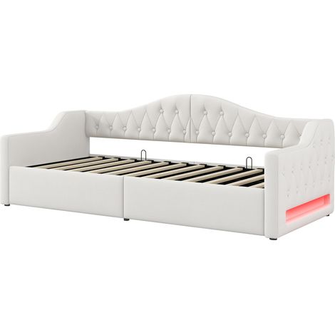 Tagesbett gepolstert 90 x 200 cm mit Stauraum und LED-Beleuchtung, Beige (1/5)