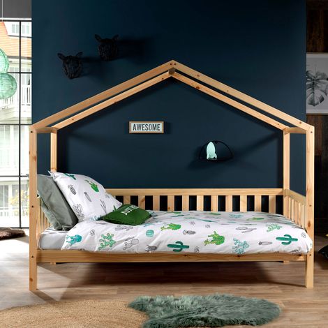 Lit cabane 90x200 avec matelas pin massif clair Bali (1/3)