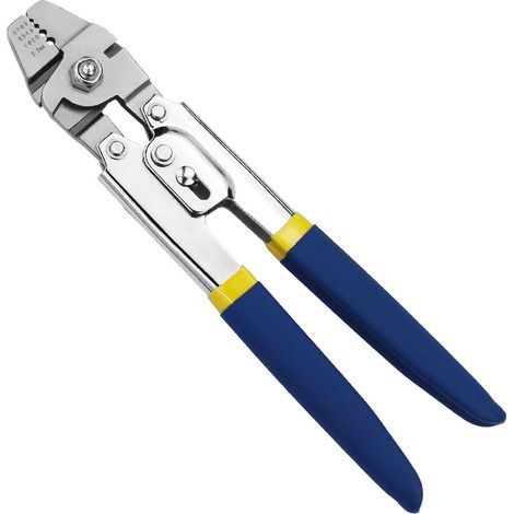 Pinza crimpatrice per manicotti in alluminio a forma di otto, con tagliafili in acciaio inossidabile.