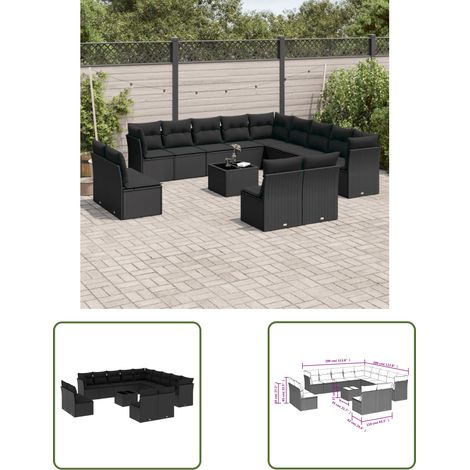 The Living Store Salon de jardin avec coussins 14 pcs noir résine tressée - Ensemble Salon De Jardin - Mobilier De Jardin - Canapé D'extérieur - Résine Tressée - Rotin Synthétique (1/3)