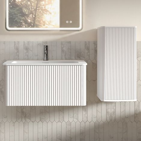 Meuble de salle de bain avec vasque, 80 cm, suspendu, avec meuble latéral, blanc HAVRYA (1/5)