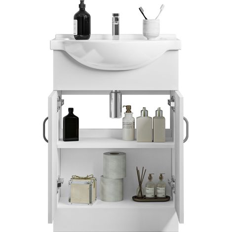 Bathroom Gloss White 600mm Vanity Unit with Basin White Sink Ample Storage Cabinet (1/4)