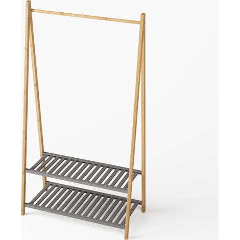 CAIziPortant à vêtements avec 2 étagères, portant à vêtements avec barre robuste, meuble à chaussures pour couloir, chambre, penderie ouverte. Porte-manteau en bambou, étendoir à vêtements avec barre 