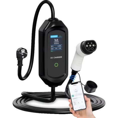 Cargador portátil para vehículos eléctricos, control mediante aplicación inteligente, capacidad de carga de 16 A, cable tipo 2 de 3,5 m. (1/2)