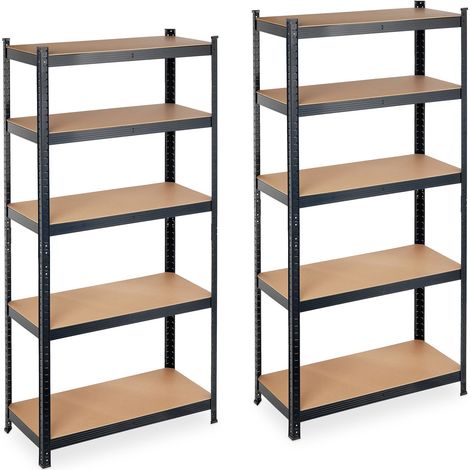 2 x Schwerlastregal, Traglast 875 kg, 5 MDF Ebenen, zum Stecken, Keller, Garage, Stahl, HBT: 180 x 90 x 40 cm, schwarz