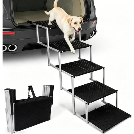 Escalier pour Chien 5 marches, Rampe Voiture pour Chiens Pliable, Charge 113kg, Surface antidérapante, Aluminium léger, Extra Larges marchepied Portable pour Voiture, SUV, Camion argenté (1/5)