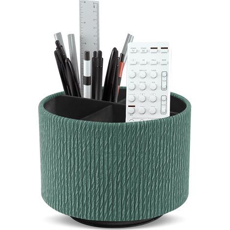 Porte-stylo rond en cuir rotatif à 360° - Porte-télécommande rotatif - Table de chevet - Télécommande TV - Organiseur de bureau pour stylos, fournitures de bureau - Boîte de rangement 1 en bois (1/5)