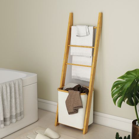 Estantería de baño 2 en 1 con 3 barras, cesta de ropa extraíble de 48 L, bambú, 43 x 35 x 133 cm, blanco crema. (1/5)