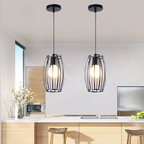 Lot de 2 Suspension Luminaire en Métal Industrielle Noir,E27 Lampe Plafonnier Vintage en Cage pour Chambre Salon (1/4)