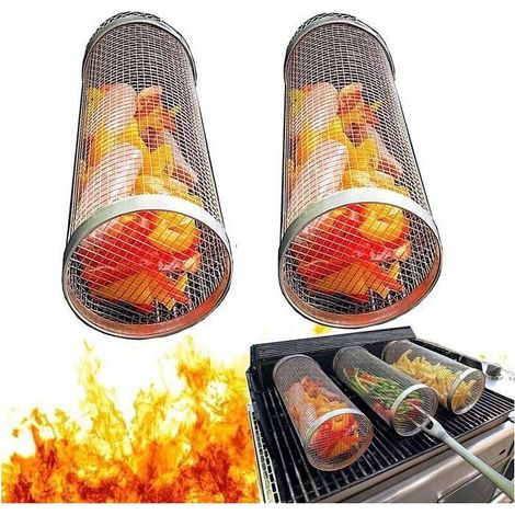 Basket to vegetables in stainless steel for barbecue  Design roulante  For cooking of viandes and vegetables  30x9cm, set of 2 (1/5)