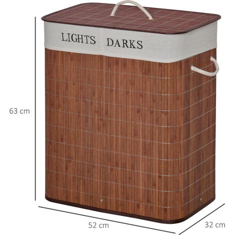 Panier à linge en bambou, capacité 100 L, panier rectangulaire avec couvercle amovible, sac à 2 compartiments, 52 x 32 x 63 cm, marron (1/5)
