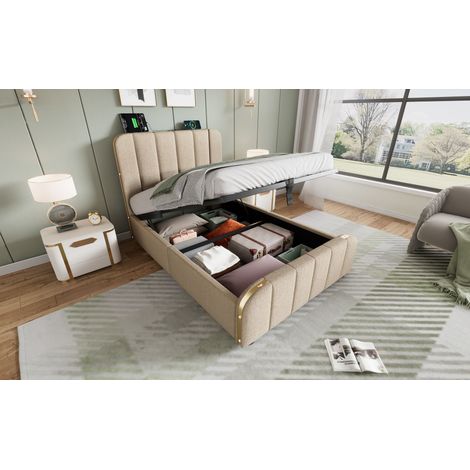 Lit coffre 90x200 cm en lin beige avec tête de lit USB/Type-C, sommier à lattes et matelas inclus (1/5)