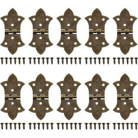 Lot de 10 charnières décoratives à rabat avec vis, bronze antique, pliables à 6 trous pour boîte en bois, armoire, boîte à bijoux