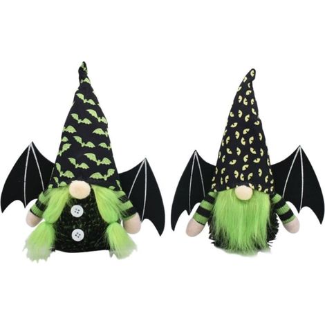 Lot de 2 gnomes sans visage Halloween – Ailes de chauve-souris – Décoration de table – Homme + femme