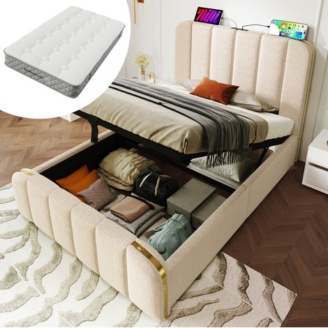 Cama individual tapizada con canapé 90x200 cm con colchón USB-C lino beige OKWISH (1/5)