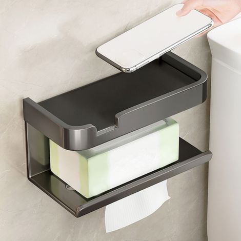 Distributeur de papier toilette mural multifonction avec étagère adhésive, gain de place, et support pour téléphone. (1/5)