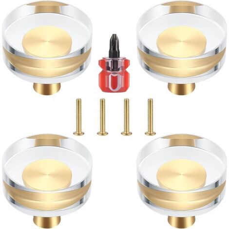 Lot de 4 Boutons de Porte en Cristal Transparent et Laiton pour Armoires, Tiroirs, Placards et Meubles - 30x27 mm (30x27 mm)