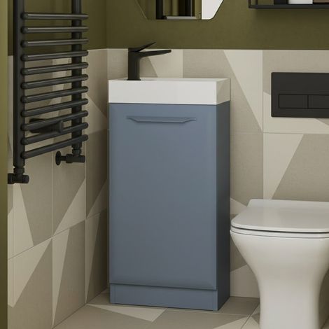 Signature Scribe Floor Standing 1-Door Vanity Unit with Basin 410mm Wide - Matt Misty Blue (1/3)