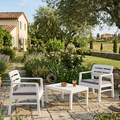 Dmora Salón de Jardín Benevento, Conjunto de jardín con 2 sillones y 1 mesa de centro, Zona de estar interior y exterior con cojines, 100% Made in Italy, Blanco, con embalaje reforzado (1/3)