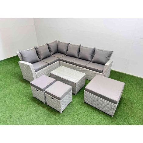 Fimous Outdoor Rattan Garden Furniture Set 9 Seater Corner Sofa Sets with Square Coffee Table 3 Footstools Light Grey Mixed (1/5)