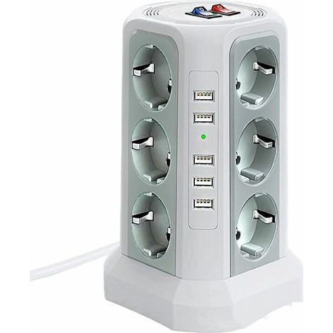 Multiprise tour parafoudre 12 prises CA et 5 ports USB – Protection 1500 J – 2 m câble – 3 interrupteurs indépendants – Blanc et gris argenté (1/4)