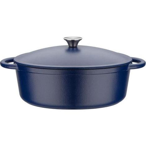 Cocotte en fonte massive ovale 33x25 cm – Compatible induction – Couvercle avec picots pour cuisson homogène – Bleu – GSW (1/5)